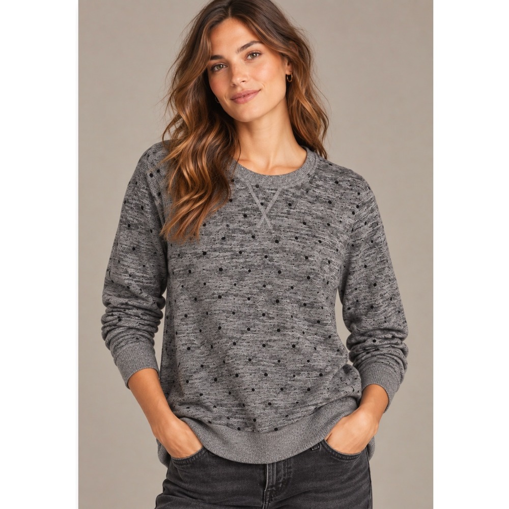 Lucky Brand Polka Dot Top M Heather Gray Long Sleeve Crew Neck Pullover Sweater